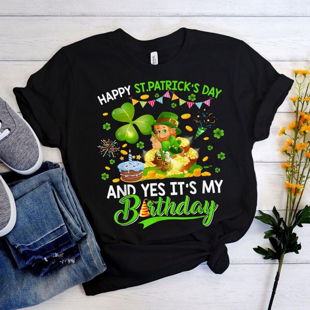 Happy St Patricks Day And My Birthday Leprechaun Shamrock Shirt Unisex Standard T-Shirt black s